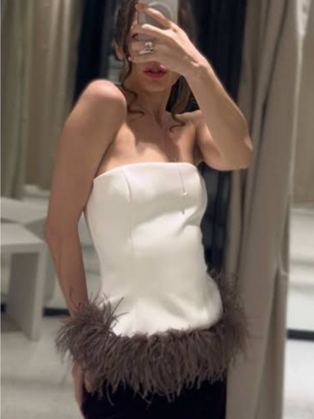 Zara Cream Strapless Camisole with Brown Feather Hem - Picture 4 of 8